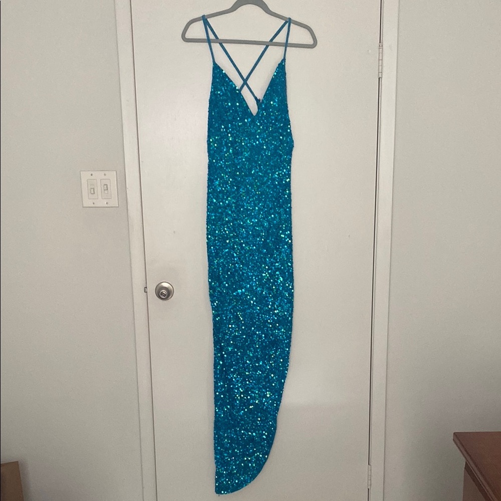 Vintage Blue Sequin Asymmetrical Gown